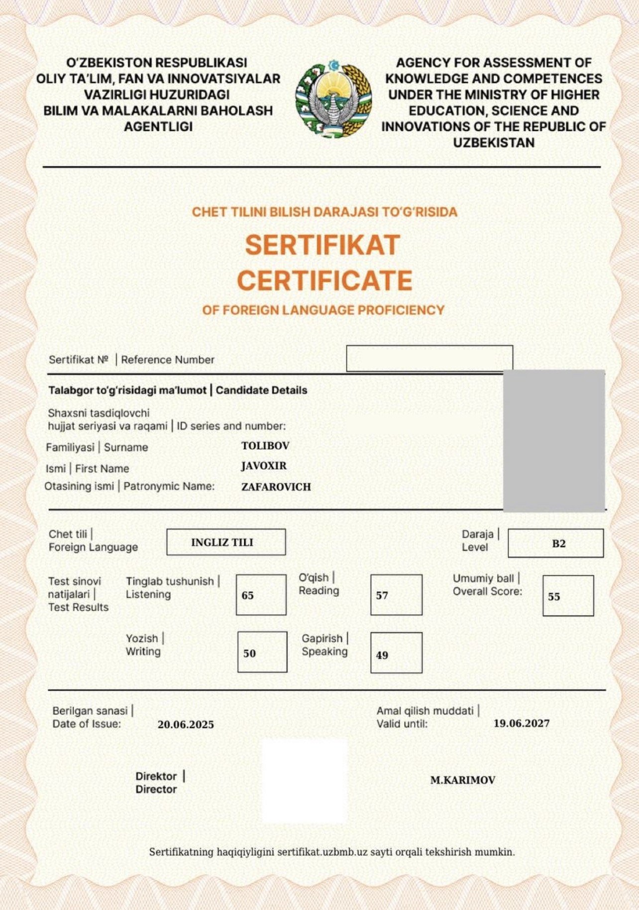 Javohir Tolibov certificate