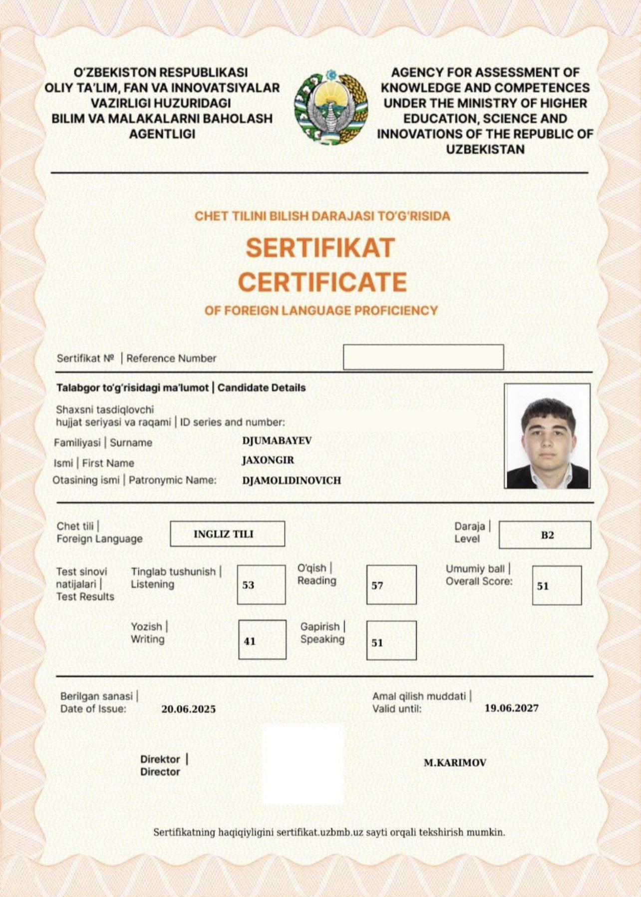 Jaxongir certificate