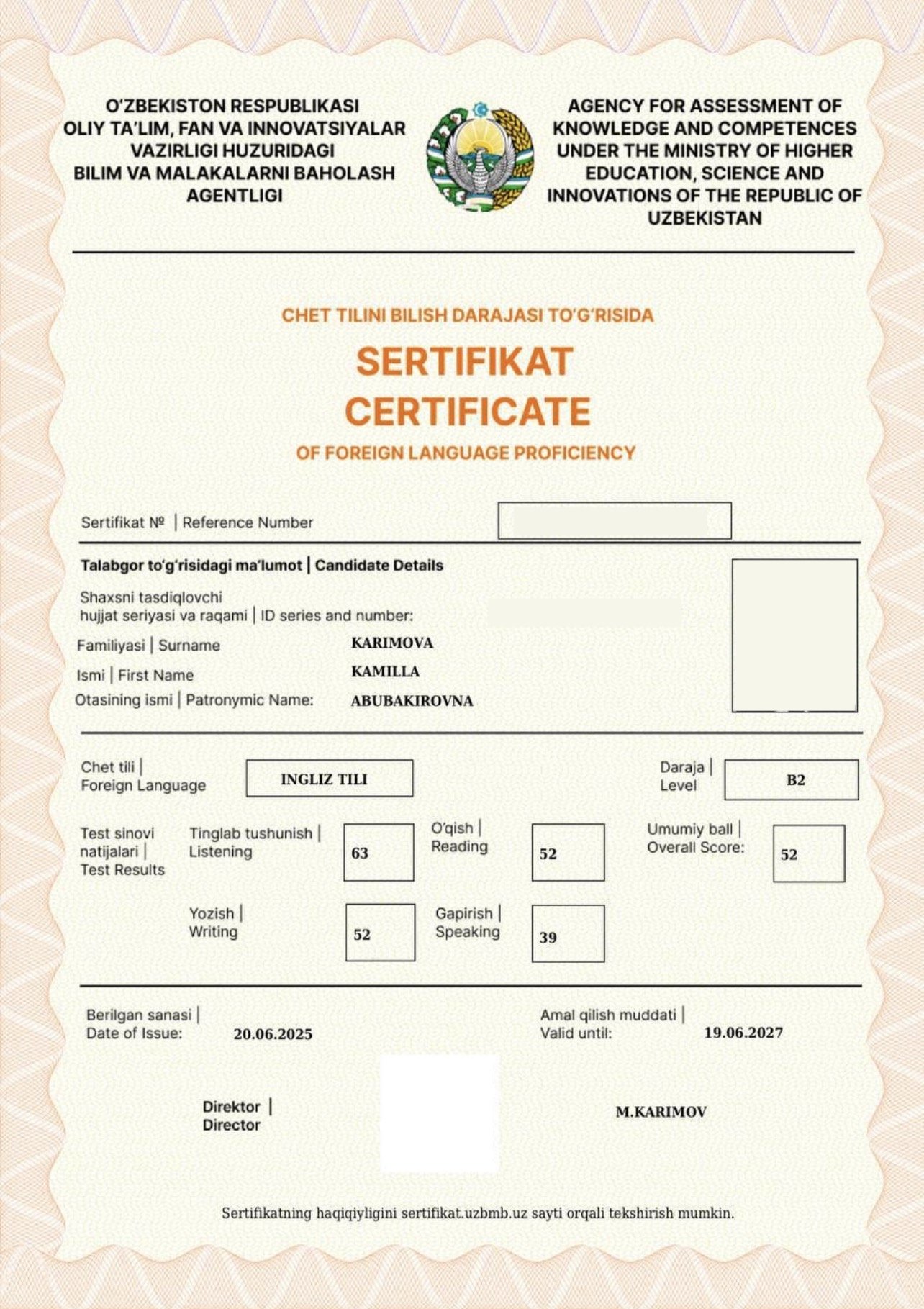 Kamilla CEFR certificate