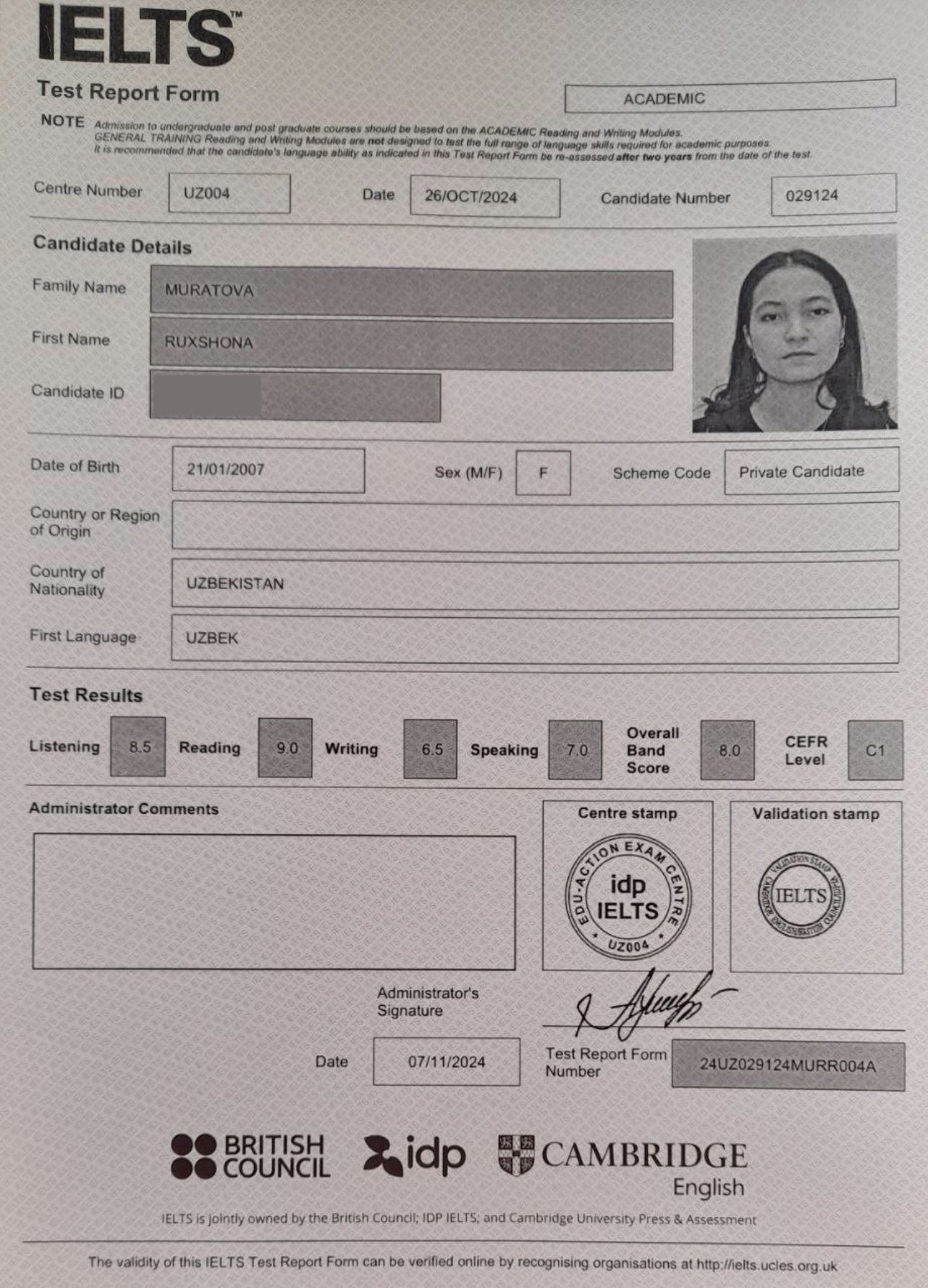 Ruxshona M. certificate