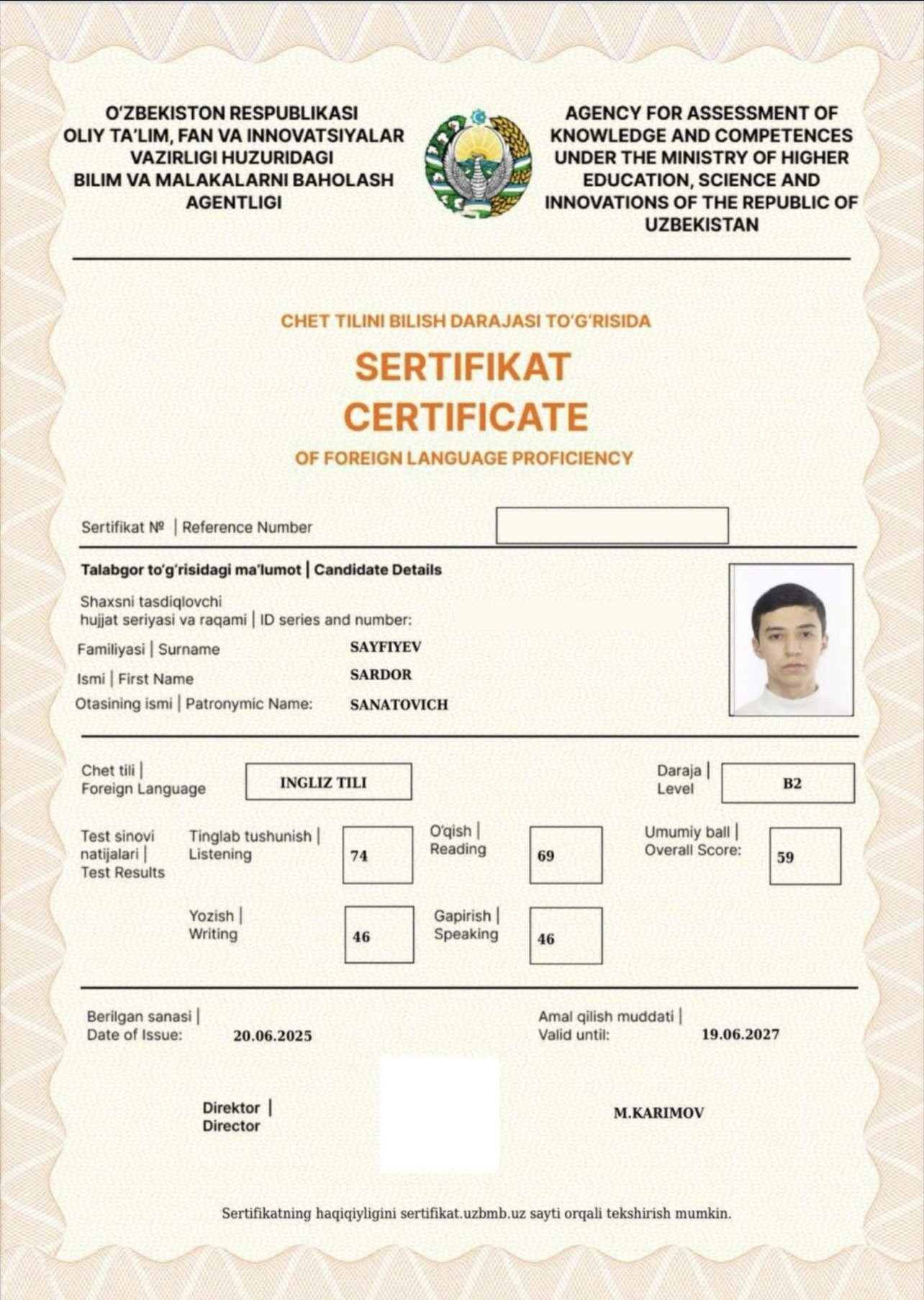 Sardor certificate