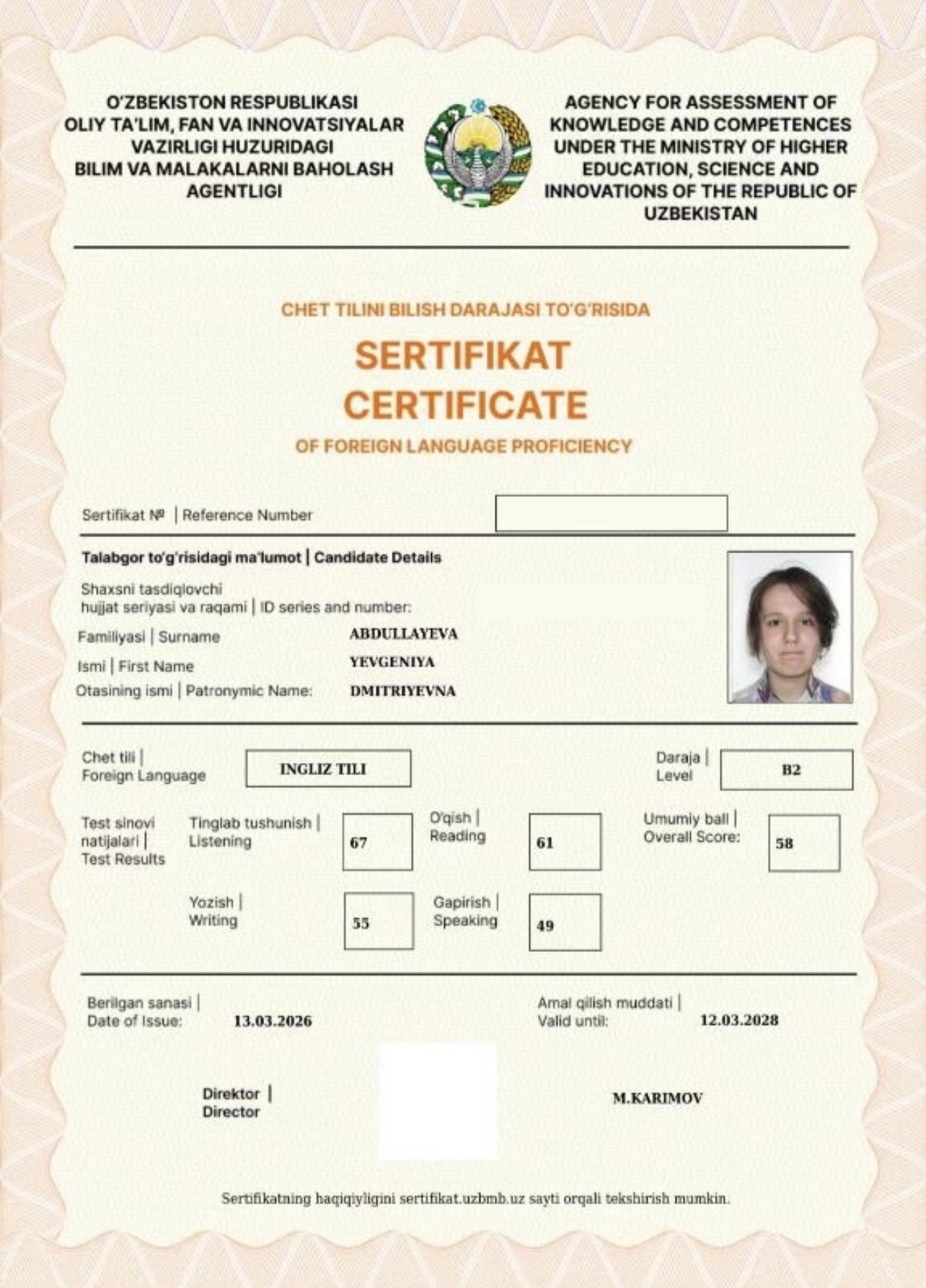 Yevgeniya certificate